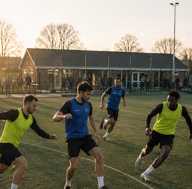 A five-a-side game in progress on a floodlit all-weather pitch in low evening sun.
